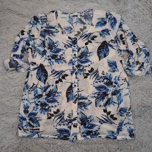Notations Shirt Womens M Blue Floral Blouse Sheer Top Button Up‎ Casual Comfort